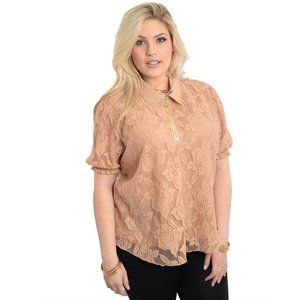 LAMJYA Women's Sheer-Lace Top Short-Sleeve Solid Beige Plus Size 1X   NWT